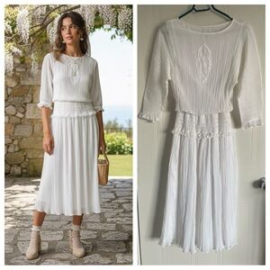 Vintage White Pleated Ethereal Midi Dress Cottagecore Coquette Coastal Grandma